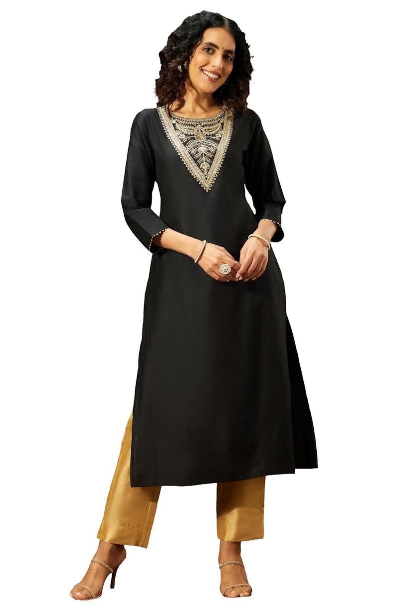 Janasya Women's Black Chanderi Silk Yoke Embroidered Straight Kurta - Image 1